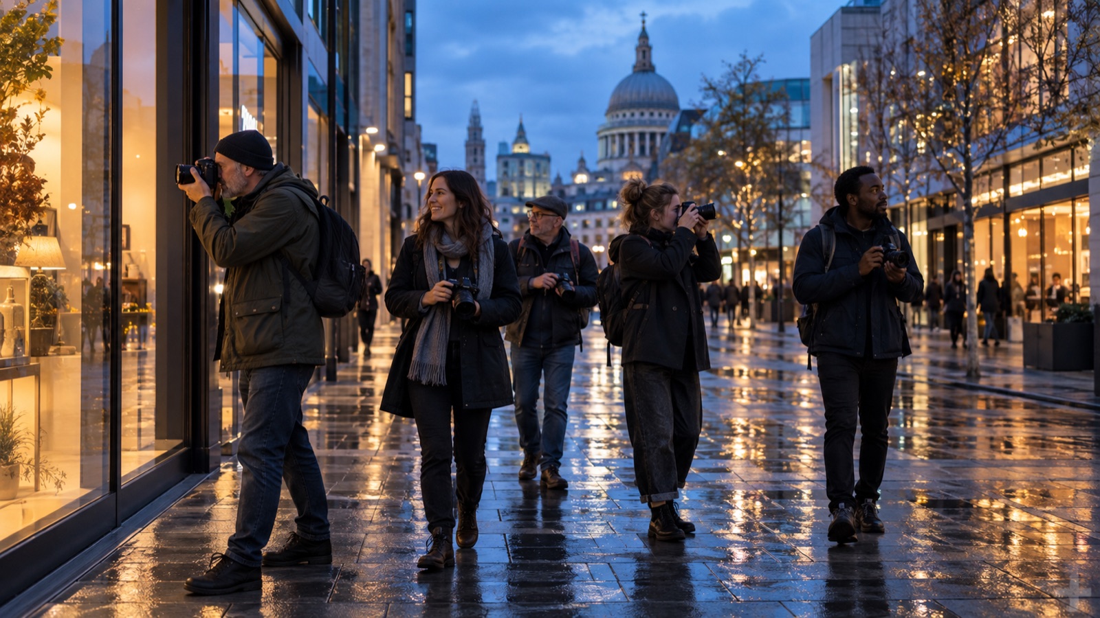 Demo street photographers working in a city at blue hour