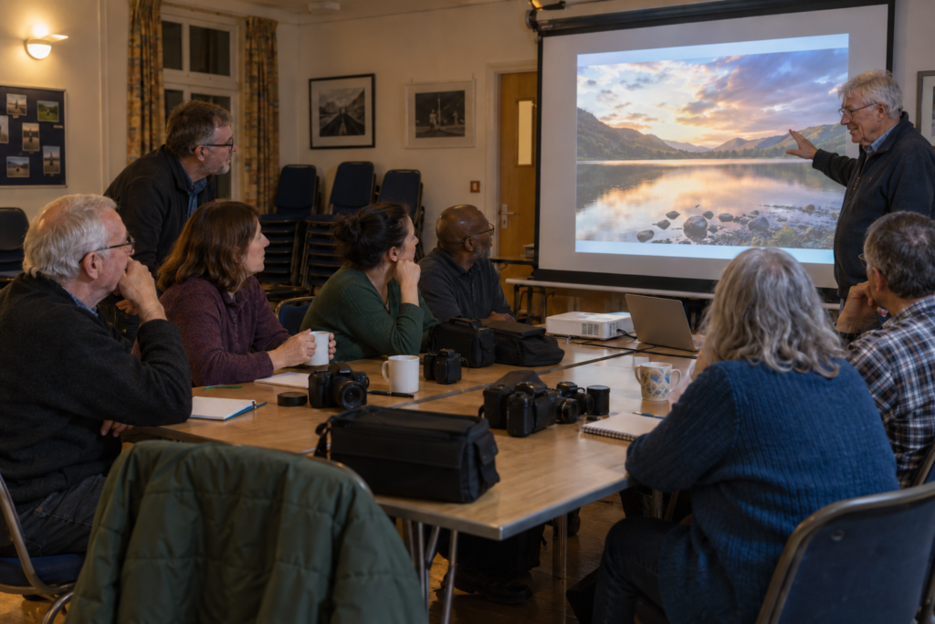 AI-generated illustration of eight adult camera-club members discussing a projected landscape photograph during an indoor club night.