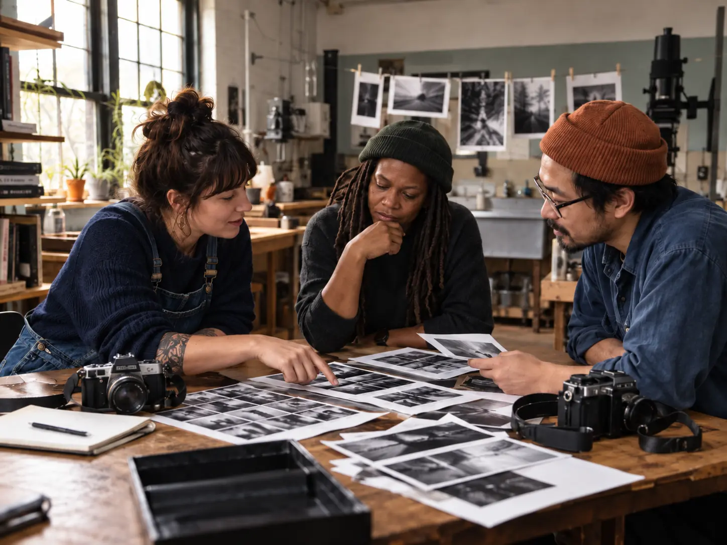 Three photographers reviewing prints and contact sheets together in a studio