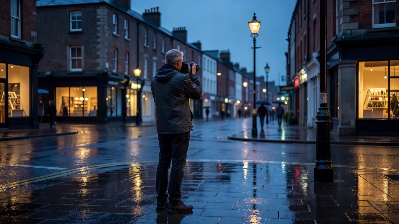 Photographer composing a blue-hour street scene with reflections in Cardiff.