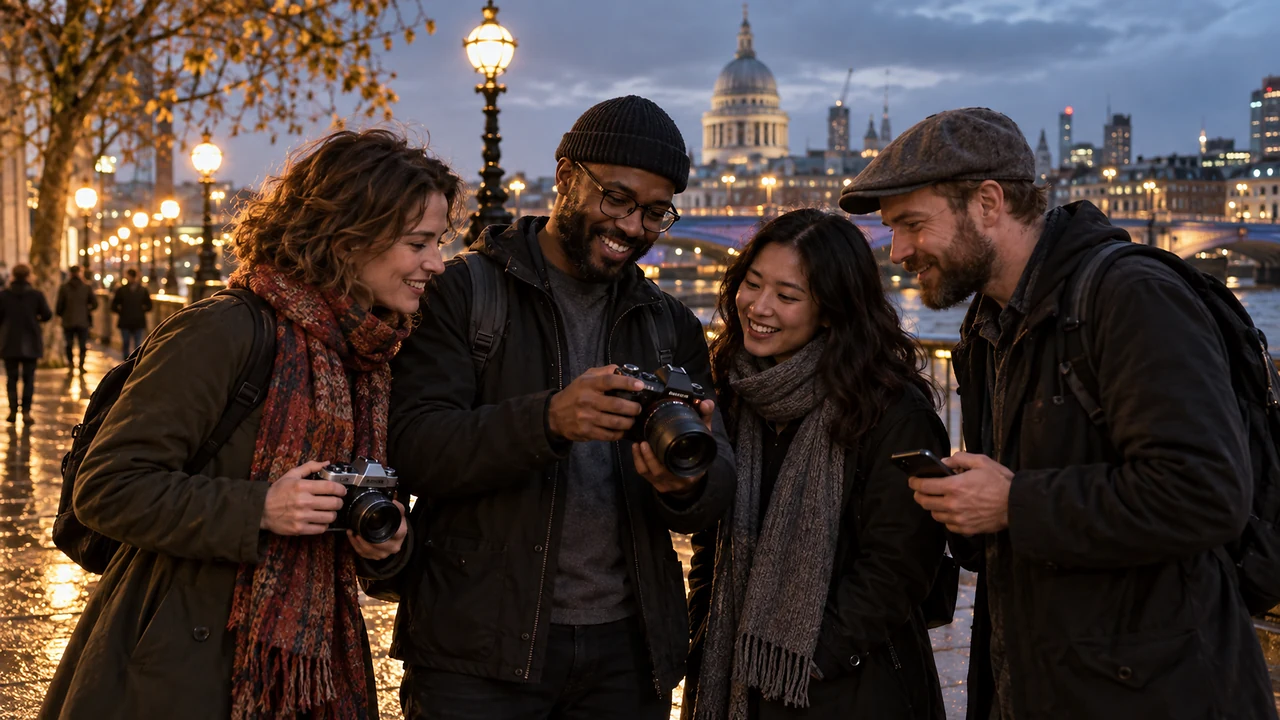 A friendly group of photographers sharing cameras and photographs on an evening city walk.