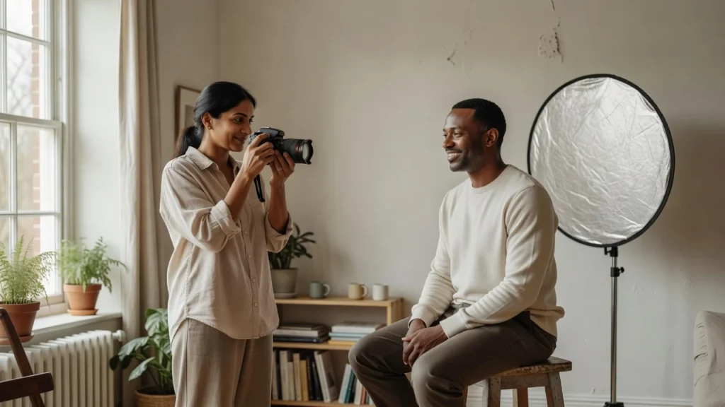 Illustration of a photographer preparing a seated portrait beside a window and reflector.