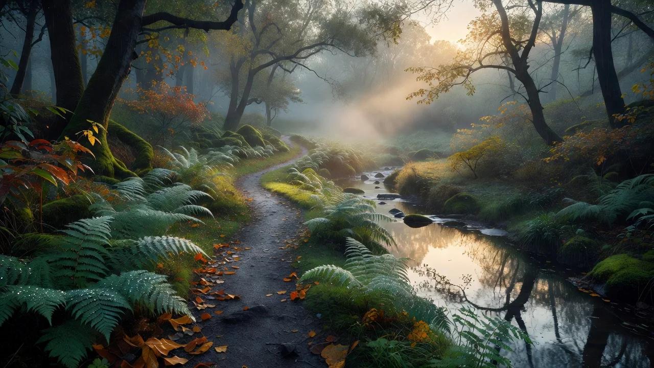 Misty woodland path after rain with warm morning light