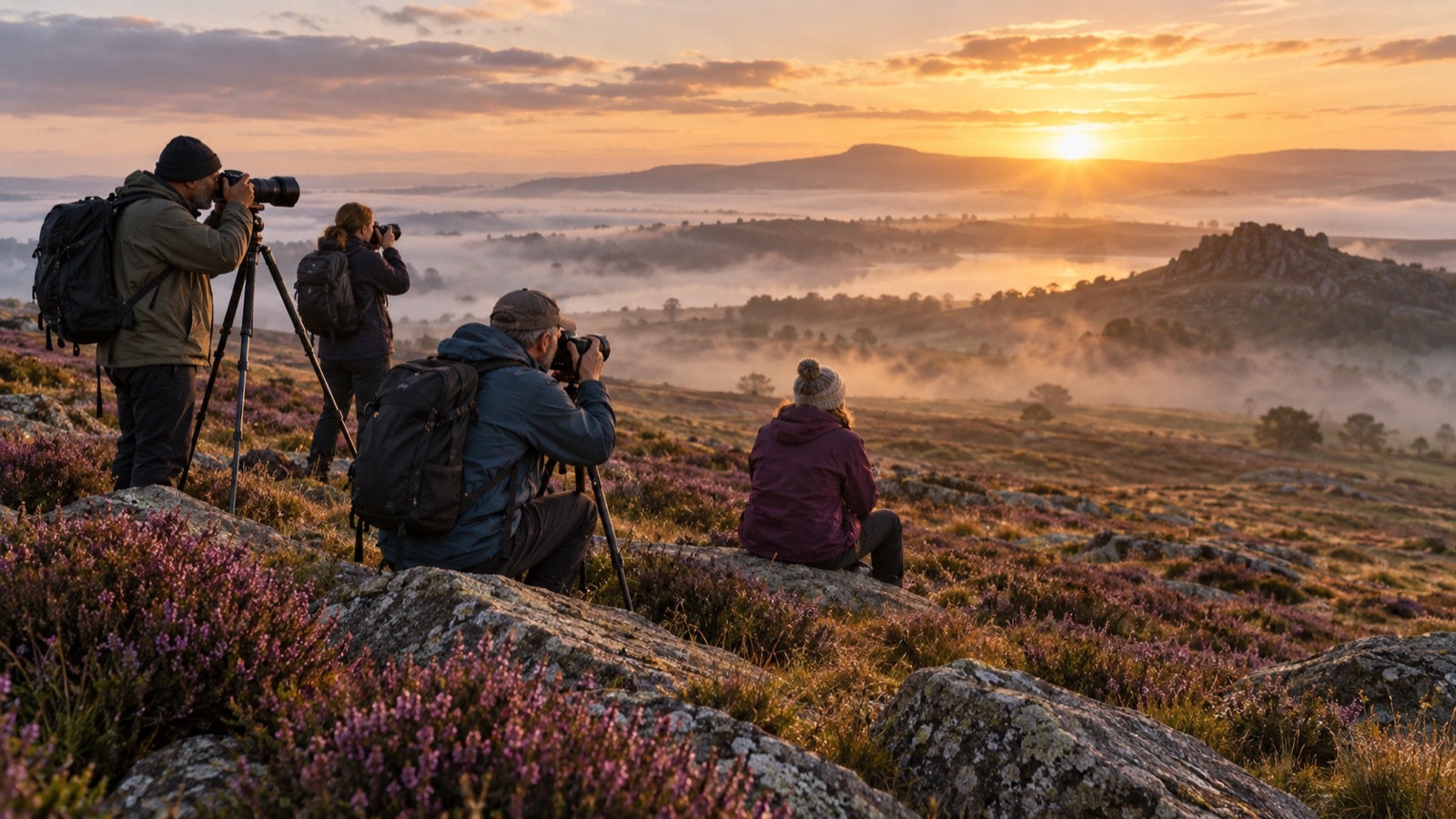 Demo members photographing a misty moorland sunrise