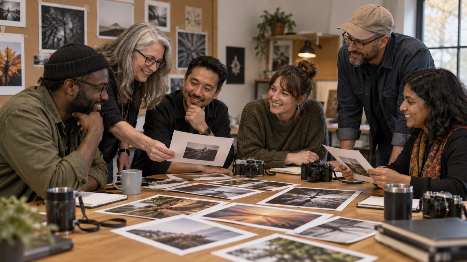 Demo camera club members discussing prints in a studio