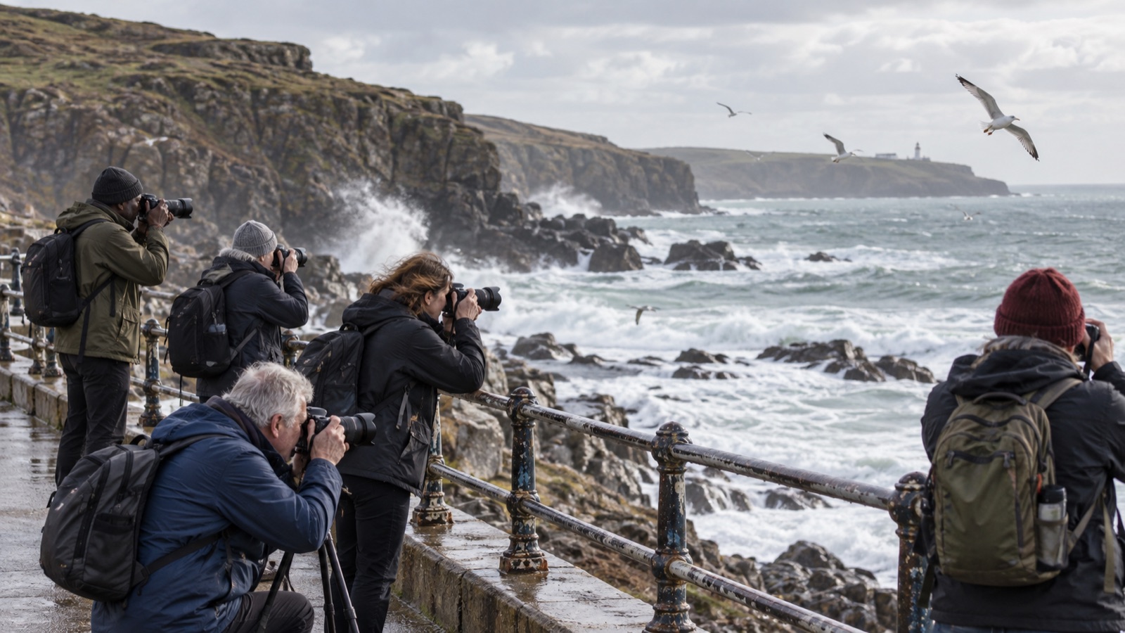 Demo photographers working beside a lively coast