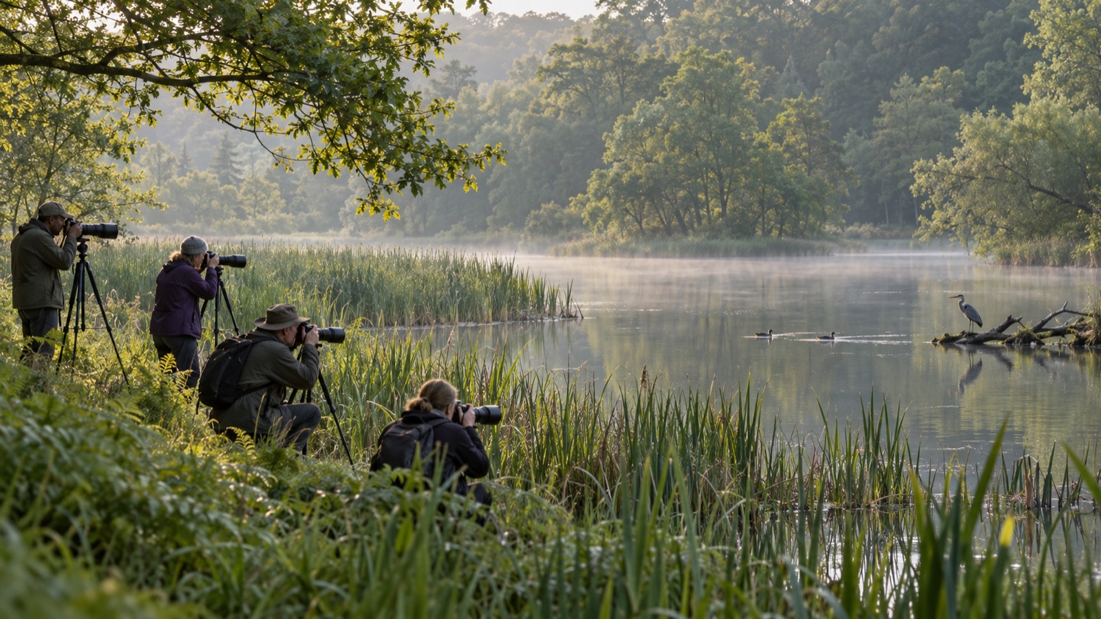 Demo wildlife photographers beside a woodland lake